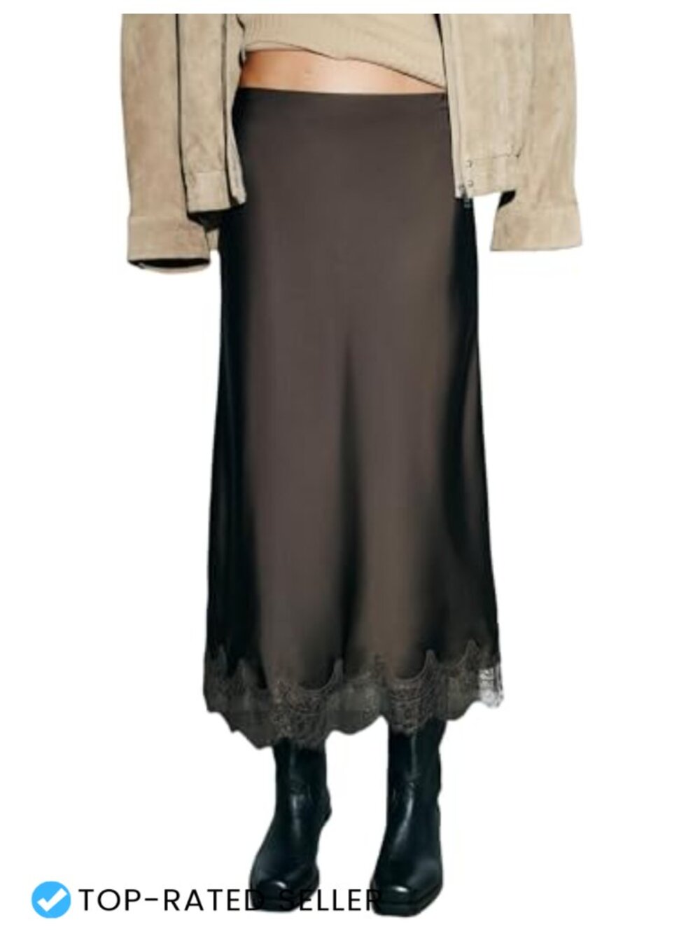 Satin Lace Trim Maxi Skirt Elastic Waist Y2k Silky Long Skirt Side Split Dress